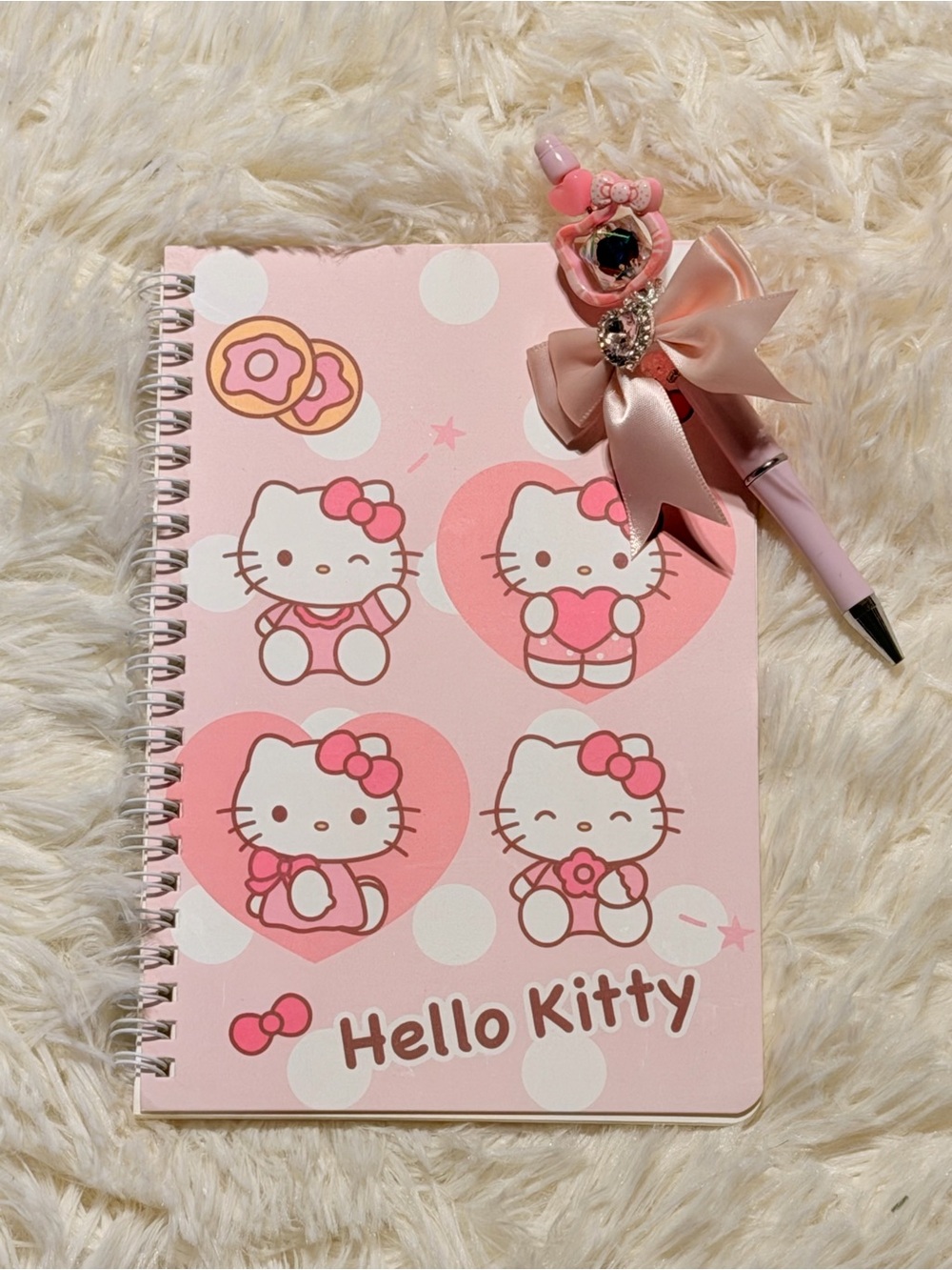Hello Kitty Pink Spiral Notebook with Decorative Bow Pen Set